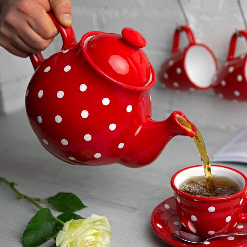  Handmade Red and White Polka Dot Large Ceramic 1,7l/60oz/4-6 Cup Teapot with Handle and Lid, Unique Pottery Housewarming Gift for Tea Lovers by City to Cottage