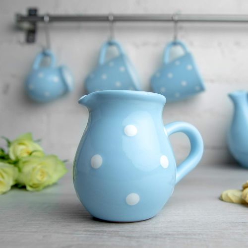  Handmade Light Sky Blue and White Polka Dot Small 150ml/5oz Ceramic Creamer, Milk Jug, Pourer, Pitcher Jug, Pottery Housewarming Gift for Tea Coffee Lovers by City to Cottage
