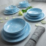 City to Cottage Handmade Light Sky Blue and White Polka Dot Ceramic 12 piece Dinnerware Set | Pottery Tableware Service for 4 | Dinner Plates | Side Plates | Bowls | Housewarming Gift by City to C