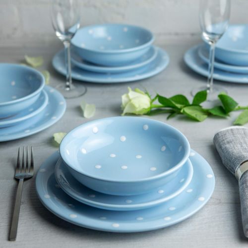  City to Cottage Handmade Light Sky Blue and White Polka Dot Ceramic 12 piece Dinnerware Set | Pottery Tableware Service for 4 | Dinner Plates | Side Plates | Bowls | Housewarming Gift by City to C