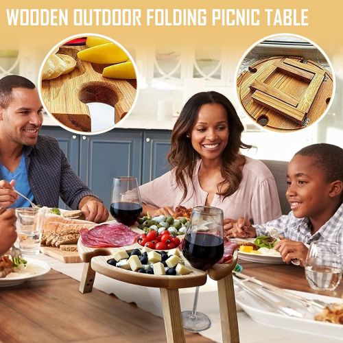  Civebum Wooden Outdoor Folding Camping Table, Picnic Table with Glass Holder, Outdoor Portable Wine Table, 2 in 1 Wine Glass Rack & Compartmental Dish for Cheese and Fruit,Snack, Collapsib
