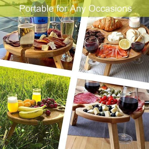  Civebum Wooden Outdoor Folding Camping Table, Picnic Table with Glass Holder, Outdoor Portable Wine Table, 2 in 1 Wine Glass Rack & Compartmental Dish for Cheese and Fruit,Snack, Collapsib