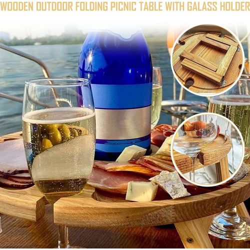  Civebum Wooden Outdoor Folding Camping Table, Picnic Table with Glass Holder, Outdoor Portable Wine Table, 2 in 1 Wine Glass Rack & Compartmental Dish for Cheese and Fruit,Snack, Collapsib