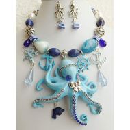 Claire Kern Creations Octopus Anchor Starfish Gemstone Necklace Earrings Lapis Agate Signed One of a Kind