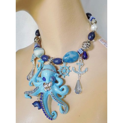  Claire Kern Creations Octopus Anchor Starfish Gemstone Necklace Earrings Lapis Agate Signed One of a Kind