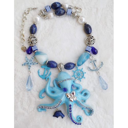  Claire Kern Creations Octopus Anchor Starfish Gemstone Necklace Earrings Lapis Agate Signed One of a Kind