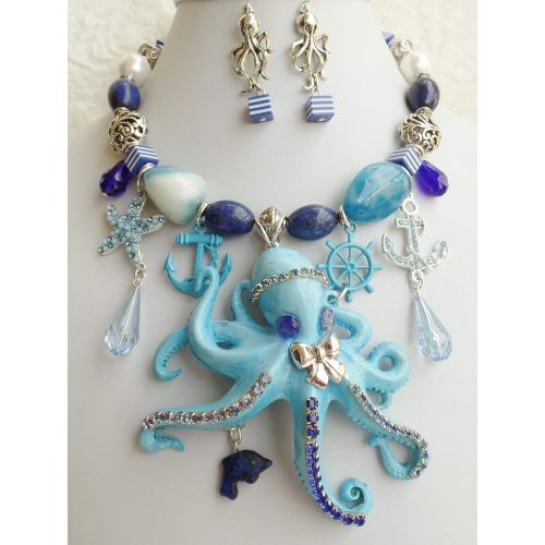  Claire Kern Creations Octopus Anchor Starfish Gemstone Necklace Earrings Lapis Agate Signed One of a Kind