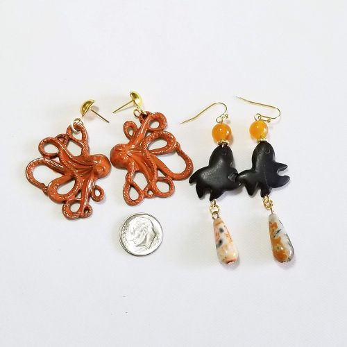  Claire Kern Creations Big Hand Painted Crystal Octopus Seahorse Starfish Nautical Necklace 2 x Earrings Signed One of a Kind