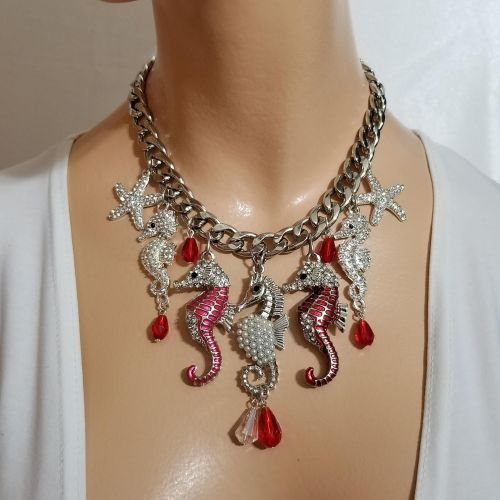  Claire Kern Creations Sparkly Crystal Enamel Seahorses Starfish Silver Chain Nautical Necklace Earrings One of a Kind