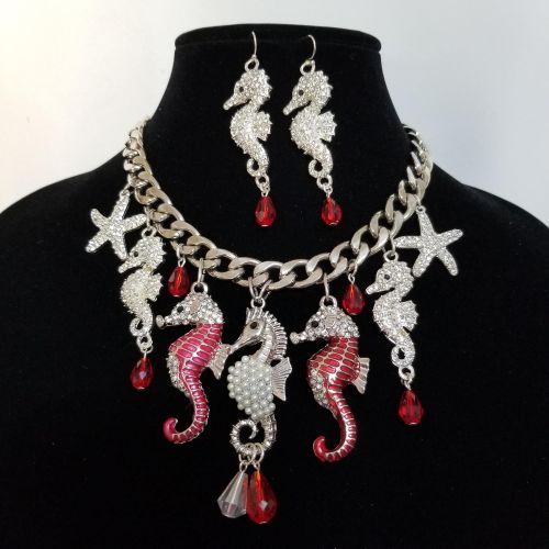  Claire Kern Creations Sparkly Crystal Enamel Seahorses Starfish Silver Chain Nautical Necklace Earrings One of a Kind