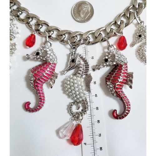  Claire Kern Creations Sparkly Crystal Enamel Seahorses Starfish Silver Chain Nautical Necklace Earrings One of a Kind