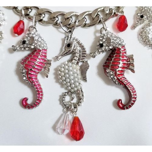  Claire Kern Creations Sparkly Crystal Enamel Seahorses Starfish Silver Chain Nautical Necklace Earrings One of a Kind