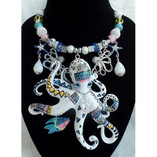  Claire Kern Creations Big Abstract Art Hand Painted Signed Octopus Nautical Bib Necklace Earrings Starfish Vintage Wood Fish One of a Kind