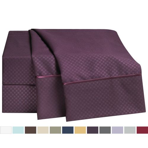  Clara Clark 1800 Collection Embossed Checkerboard Design 4-Piece Bed Sheet Set, Queen, Purple