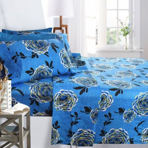  Printed Bed Sheet Set, Full Size - Blue Buttercup - By Clara Clark, 6 Piece Bed Sheet 100% Soft Brushed Microfiber, With Deep Pocket Fitted Sheet, 1800 Luxury Bedding Collection, H