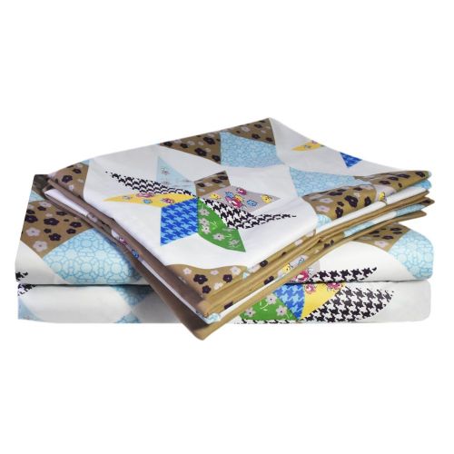  Printed Bed Sheet Set, Twin Size - Quilted Patchwork - By Clara Clark, 4 Piece Bed Sheet 100% Soft Brushed Microfiber, With Deep Pocket Fitted Sheet, 1800 Luxury Bedding Collection