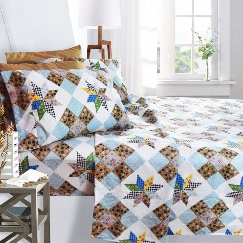  Printed Bed Sheet Set, Twin Size - Quilted Patchwork - By Clara Clark, 4 Piece Bed Sheet 100% Soft Brushed Microfiber, With Deep Pocket Fitted Sheet, 1800 Luxury Bedding Collection