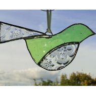 ClareasGlass Stained Glass Bird Suncatcher, Pale green and clear embossed glass, Bird lover gift, Glass bird ornament, green hanging bird