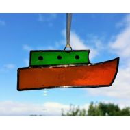 ClareasGlass Stained glass small green canal boat suncatcher, glass boat, stained glass barge, boat lover gift. boating gift, green canal barge