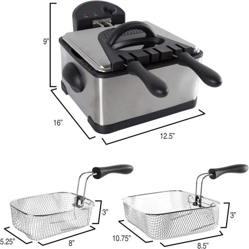  Electric Deep Fryer- 3 Fry Baskets, 1 Large and 2 Small for Dual Use- At Home Stainless Steel Hot Oil Cooker by Classic Cuisine (4 Liter)