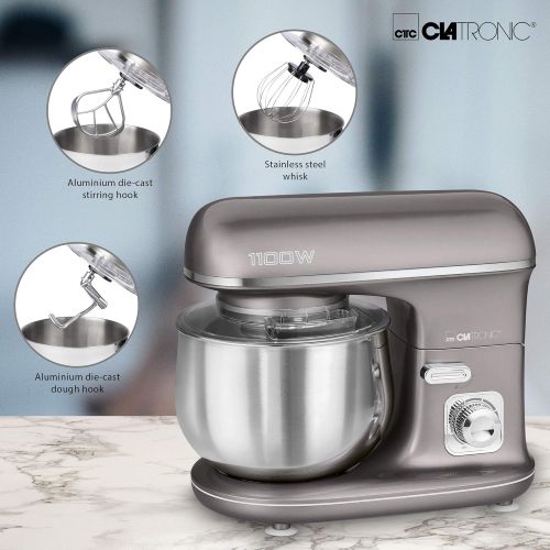  Clatronic KM 3712 Powerful Kneading Machine with Transparent Splash Guard Lid with Refill Opening, 1100 Watt, 5 Litres, Pivoting Multifunctional Arm