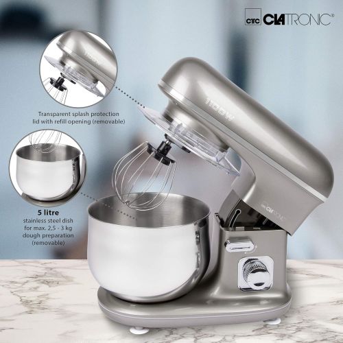  Clatronic KM 3712 Powerful Kneading Machine with Transparent Splash Guard Lid with Refill Opening, 1100 Watt, 5 Litres, Pivoting Multifunctional Arm