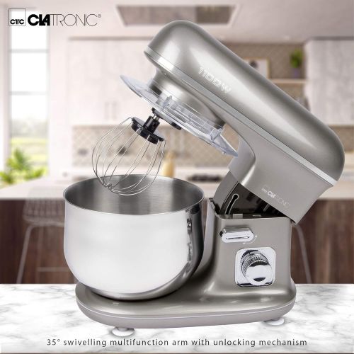  Clatronic KM 3712 Powerful Kneading Machine with Transparent Splash Guard Lid with Refill Opening, 1100 Watt, 5 Litres, Pivoting Multifunctional Arm