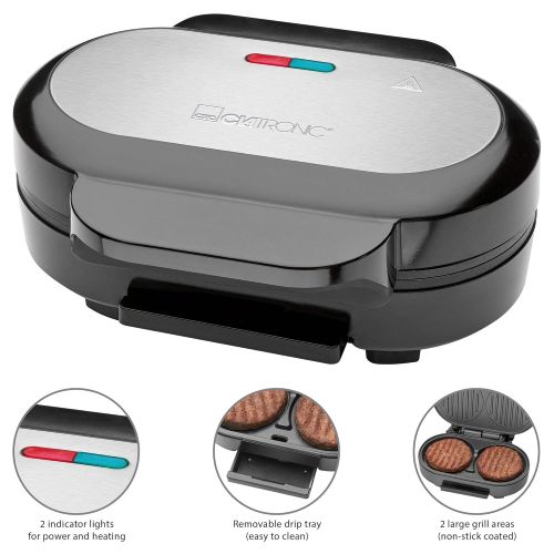  Clatronic HBM 3696 Hamburger Grill, 2 Large Grill Surfaces, 2 Control Lights, Removable Grease Collector