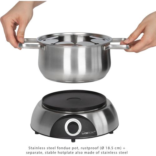  Clatronic FD 3516 / Fonduetopf aus Edelstahl fuer 8 Personen / Sandwichboden fuer optimale Warmeverteilung / 8 Edelstahl Fonduegabeln, farblich markiert / Fuellmenge max. 1,2 Liter /