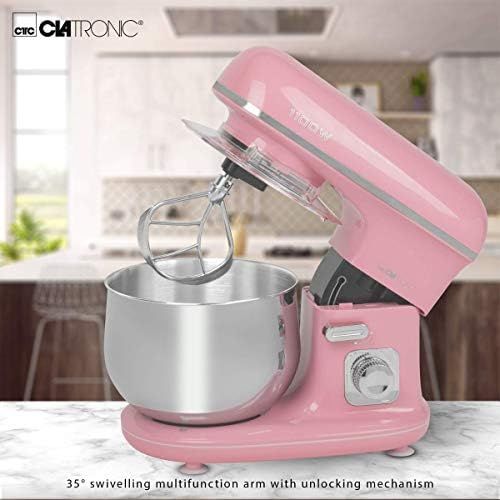  Clatronic KM 3711 RocknRetro Knetmaschine inkl. transparentem Spritzschutzdeckel mit Nachfuelloeffnung, 1100 Watt, 5 Liter, schwenkbarer Multifunktionsarm, Pink