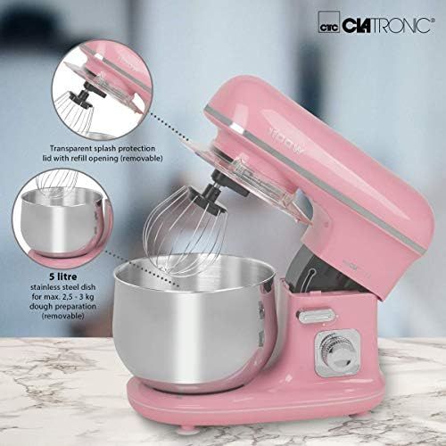  Clatronic KM 3711 RocknRetro Knetmaschine inkl. transparentem Spritzschutzdeckel mit Nachfuelloeffnung, 1100 Watt, 5 Liter, schwenkbarer Multifunktionsarm, Pink