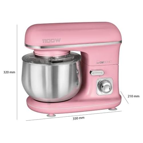  Clatronic KM 3711 RocknRetro Knetmaschine inkl. transparentem Spritzschutzdeckel mit Nachfuelloeffnung, 1100 Watt, 5 Liter, schwenkbarer Multifunktionsarm, Pink