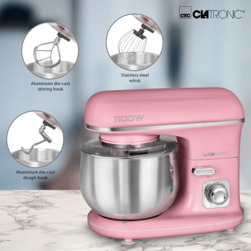  Clatronic KM 3711 RocknRetro Knetmaschine inkl. transparentem Spritzschutzdeckel mit Nachfuelloeffnung, 1100 Watt, 5 Liter, schwenkbarer Multifunktionsarm, Pink