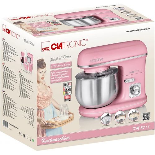  Clatronic KM 3711 RocknRetro Knetmaschine inkl. transparentem Spritzschutzdeckel mit Nachfuelloeffnung, 1100 Watt, 5 Liter, schwenkbarer Multifunktionsarm, Pink