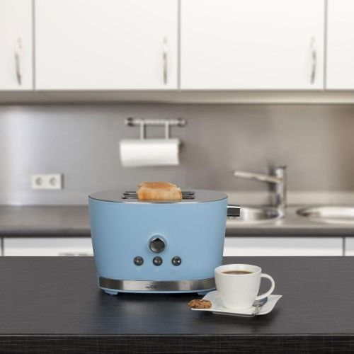  Clatronic TA 3690 RocknRetro 2-Scheiben-Toaster mit Broetchenaufsatz, Kruemelschublade, Auftaufunktion, Aufwarmfunktion, Schnellstoppfunktion, Blau