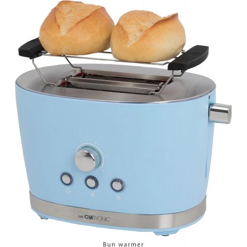  Clatronic TA 3690 RocknRetro 2-Scheiben-Toaster mit Broetchenaufsatz, Kruemelschublade, Auftaufunktion, Aufwarmfunktion, Schnellstoppfunktion, Blau