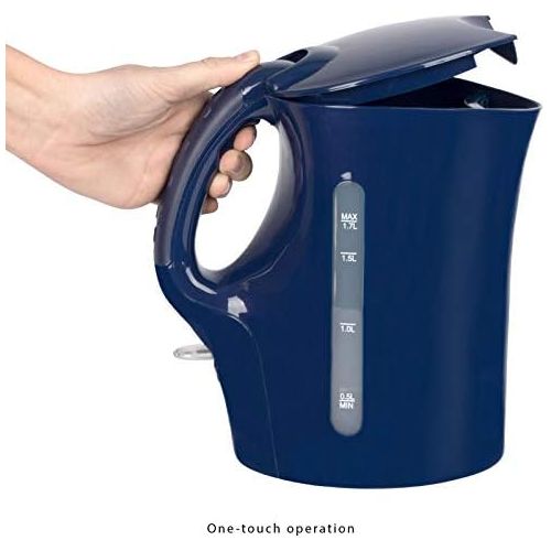  Clatronic Wasserkocher 1,7 Liter Kabellos Edelstahl Heizelement 2000 Watt (UEberhitzungsschutz, Automatische Abschaltung, Sicherheitsklappdeckel, Blau)