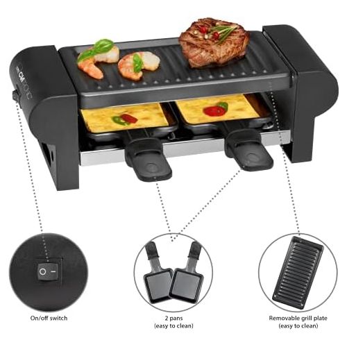  Clatronic RG 3592 2-Personen-Raclette-Grill zum Grillen und UEberbacken, Cool-Touch-Gehause, 2 Pfannchen, antihaftbeschichtet, schwarz