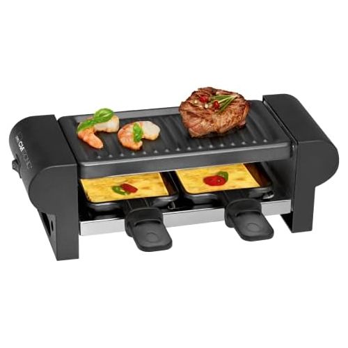  Clatronic RG 3592 2-Personen-Raclette-Grill zum Grillen und UEberbacken, Cool-Touch-Gehause, 2 Pfannchen, antihaftbeschichtet, schwarz