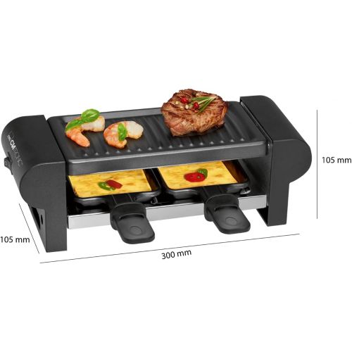  Clatronic RG 3592 2-Personen-Raclette-Grill zum Grillen und UEberbacken, Cool-Touch-Gehause, 2 Pfannchen, antihaftbeschichtet, schwarz