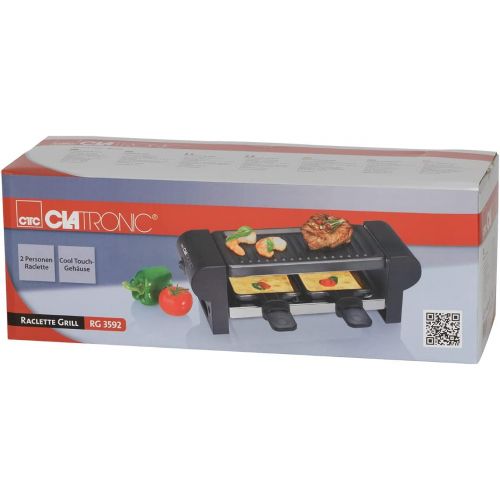  Clatronic RG 3592 2-Personen-Raclette-Grill zum Grillen und UEberbacken, Cool-Touch-Gehause, 2 Pfannchen, antihaftbeschichtet, schwarz