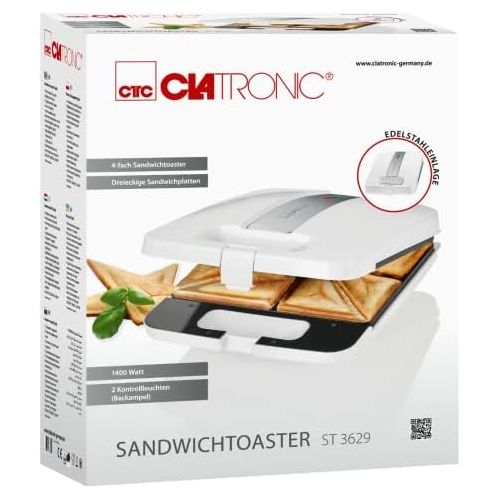  Clatronic ST 3629 4-fach Sandwichtoaster, Dreieckige Sandwichplatten, Automatischer Temperaturregler, 1200 Watt, Edelstahleinlage, Antihaftbeschichtung, 2 Kontrollleuchten, weiss