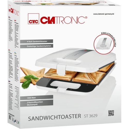  Clatronic ST 3629 4-fach Sandwichtoaster, Dreieckige Sandwichplatten, Automatischer Temperaturregler, 1200 Watt, Edelstahleinlage, Antihaftbeschichtung, 2 Kontrollleuchten, weiss