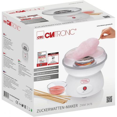  Clatronic 263023 ZWM 3478 Zuckerwatten-Maker, Ø ca. 27 cm, Schale & Spritzschutz spuelmaschinengeeignet, Inkl. Messloeffel und 10 Holzstabchen, 500 Watt