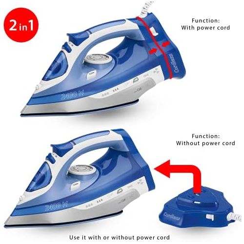  Clatronic DB 3706 schnurloses Dampfbuegeleisen, Kratzfeste Keramiksohle, 7 Funktionen, stufenlose Temperaturregelung, weiss-blau