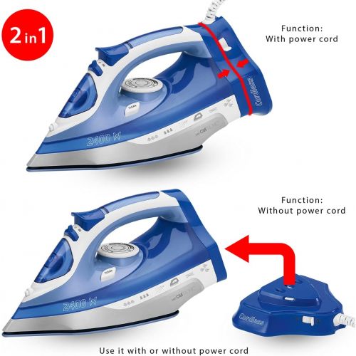  Clatronic DB 3706 schnurloses Dampfbuegeleisen, Kratzfeste Keramiksohle, 7 Funktionen, stufenlose Temperaturregelung, weiss-blau