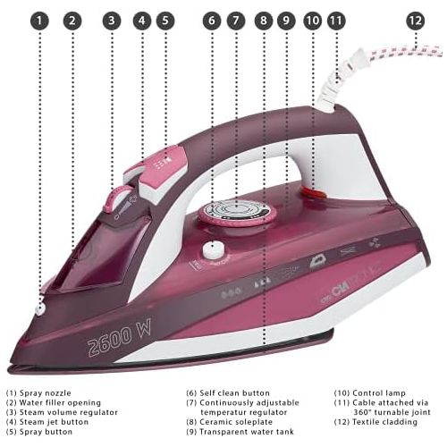  Clatronic DB 3705 Dampfbuegeleisen mit 7 Funktionen, Keramiksohle, stufenlose Temperaturregulierung, zuschaltbare Selbstreinigungsfunktion, weiss/rot