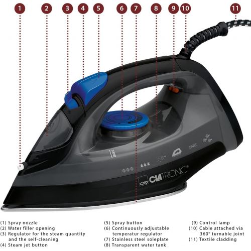  Clatronic DB 3703 Dampfbuegeleisen mit 7 Funktionen, Edelstahlspezialsohle, stufenlose Temperaturregulierung, zuschaltbare Selbstreinigungsfunktion, Schwarz/Blau