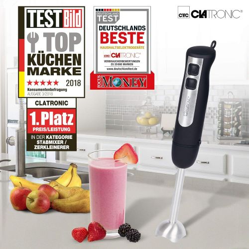  Clatronic SM 3739 Stabmixer mit ergonomisch geformtem Griff, kraftvoller 800 Watt-Motor, Abnehmbarer Edelstahlmixstab, Aufhangeoese, silber/schwarz