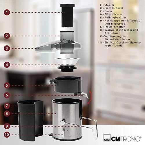  Clatronic AE 3666 Automatik-Entsafter, Edelstahl-Gehause, Grosse Einfuelloeffnung, 2 Geschwindigkeitsstufen